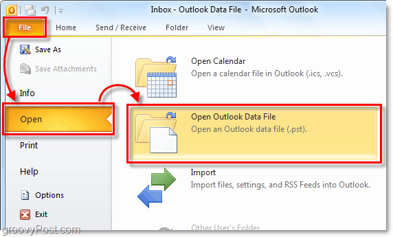 otvorte priečinok obsahujúci archívny súbor pst z programu Outlook 2010