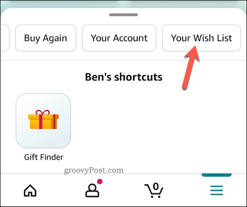 Otvorenie ponuky zoznamu želaní v aplikácii Amazon