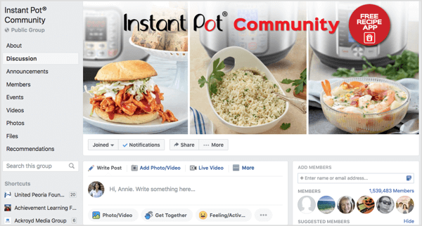 Komunita Instant Pot Community na Facebooku s viac ako miliónom členov.