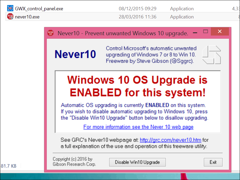 Zastavte inováciu systému Windows 10 pomocou programu Never 10 alebo samotnej aplikácie GWX
