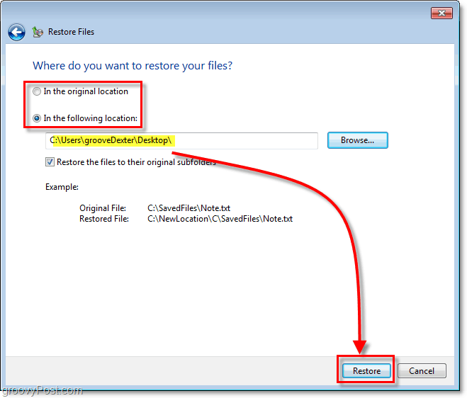 Windows 7 Backup - vyberte cieľ pre obnovené súbory