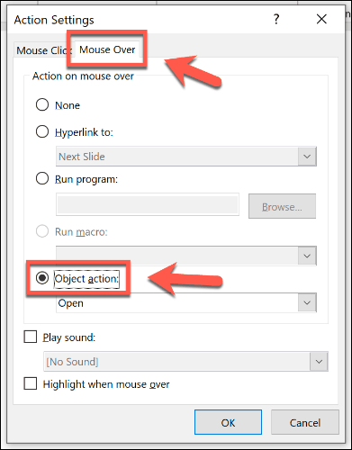 Nastavenie objektu na otvorenie pomocou myši v aplikácii PowerPoint