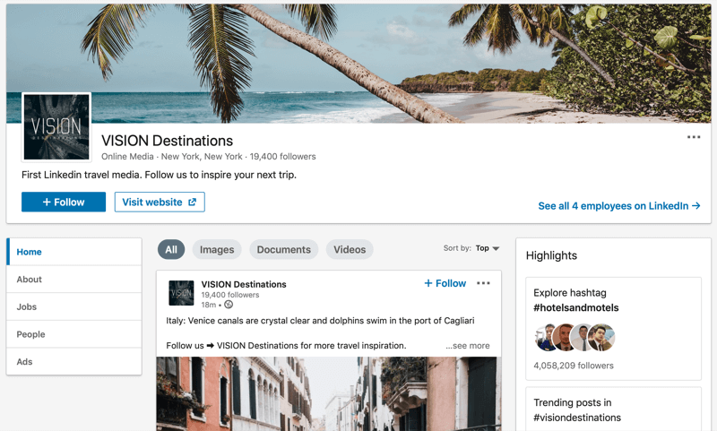 Stránka spoločnosti LinkedIn pre VISION Destinations