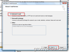 Vytvorenie nového poštového účtu v aplikácii Outlook 2007:: Prepínač internetového e-mailu