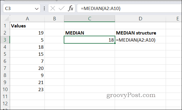Príklad výsledku MEDIAN v Exceli