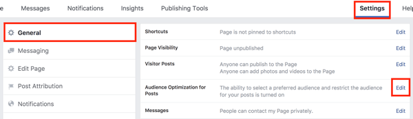 V nastaveniach svojej stránky na Facebooku kliknite na tlačidlo Upraviť napravo od možnosti Optimalizácia publika pre príspevky.