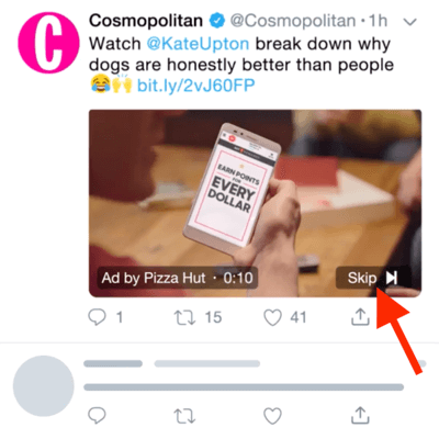Príklad videoreklamy na Twitteri s možnosťou preskočiť reklamu po 6 sekundách.