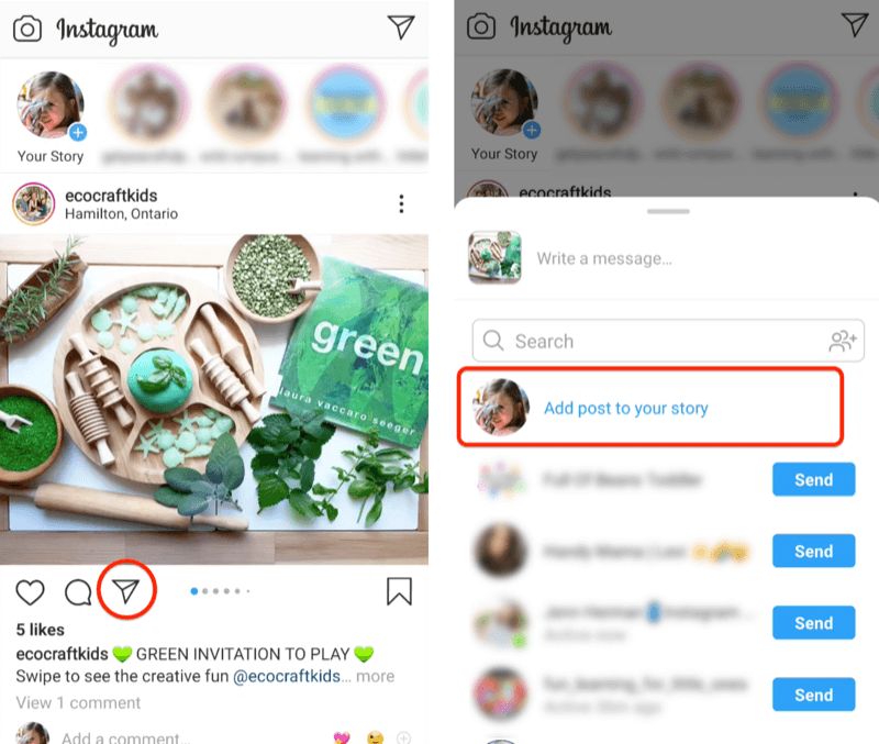 príklad príspevku na instagrame od @ecocraftkids, ktorý zobrazuje niekoľko zelených médií umiestnených s jedlami z prírodného dreva a nástroje zvýrazňujúce ikonu papierového lietadla spolu s možnosťou ponuky pridať príspevok do vášho príbehu zvýraznené