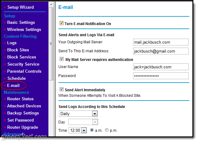 e-mailové upozornenia na stránky blokovania v sieti