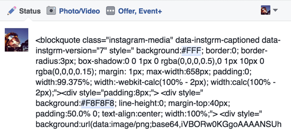 Vložte kód na vloženie z príspevku na Instagrame do aktualizácie stavu na Facebooku.