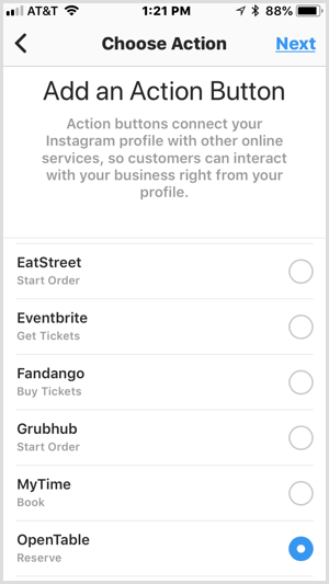 Instagram Pridajte obrazovku Akčného tlačidla pre služby tretích strán