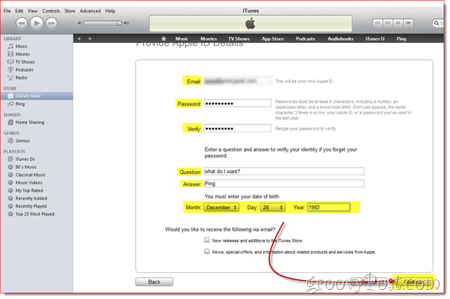 iTunes - zadajte e-mail, heslo a dátum