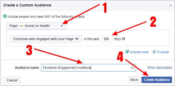 Vyplňte podrobnosti a vytvorte si vlastné publikum zamerané na zapojenie stránky na Facebooku.