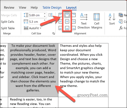 Nastavte zarovnanie textu na stred pre text v tabuľke programu Word