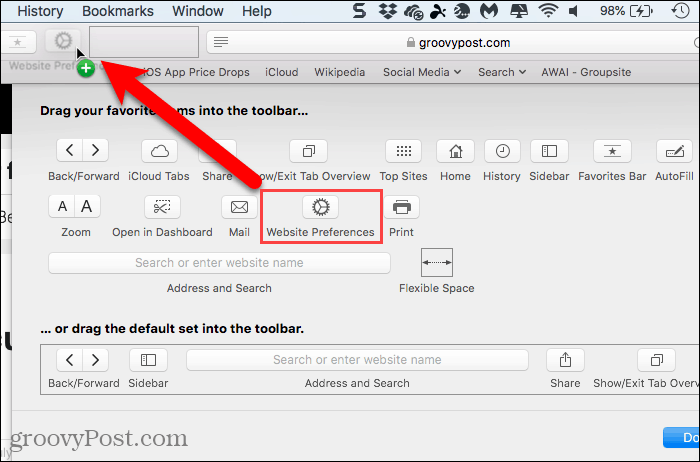 Tlačidlo Pridanie predvolieb webových stránok na Panel s nástrojmi v prehliadači Safari pre Mac