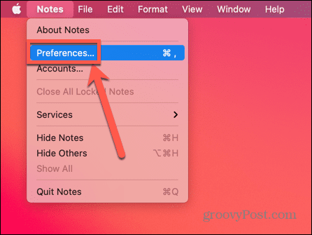 vyberte Predvoľby v Notes na Macu