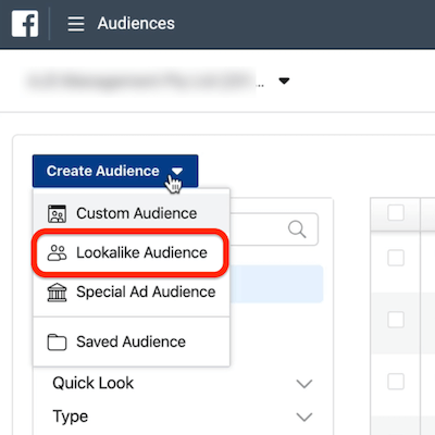 screenshot možnosti Lookalike Audience zakrúžkovaný v rozbaľovacej ponuke Vytvoriť publikum v službe Ads Manager