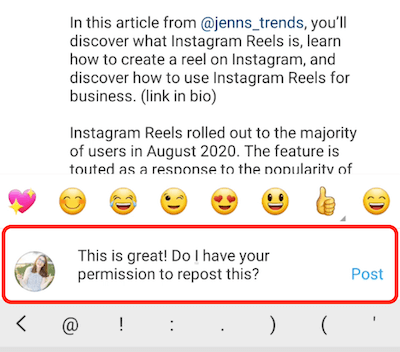 instagram post ukážka komentár odpoveď kompliment a žiadosť o povolenie preposlať obsah