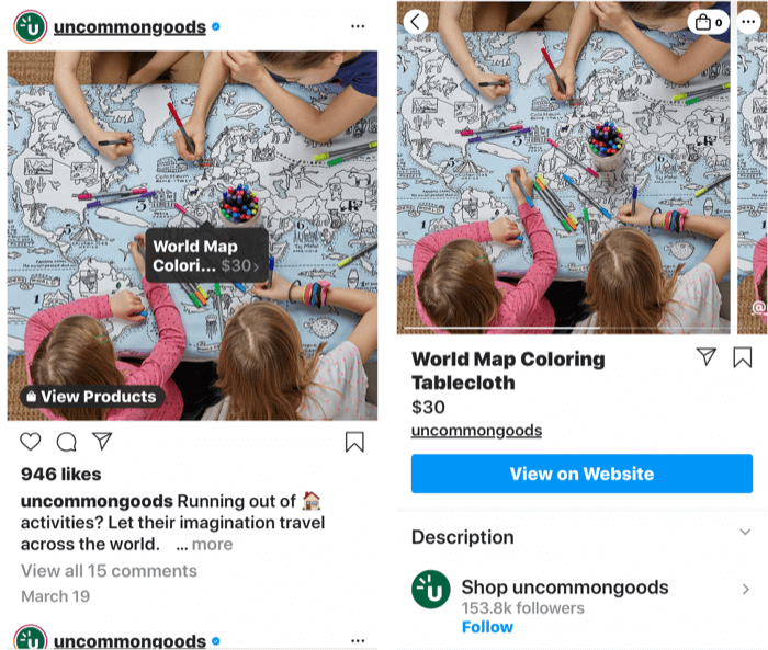 snímky obrazovky zobrazujúce značku instagram pridanú k príspevku, ktorý je možné kúpiť, ako aj stránku obchodu s produktom, keď je vybraná značka príspevku