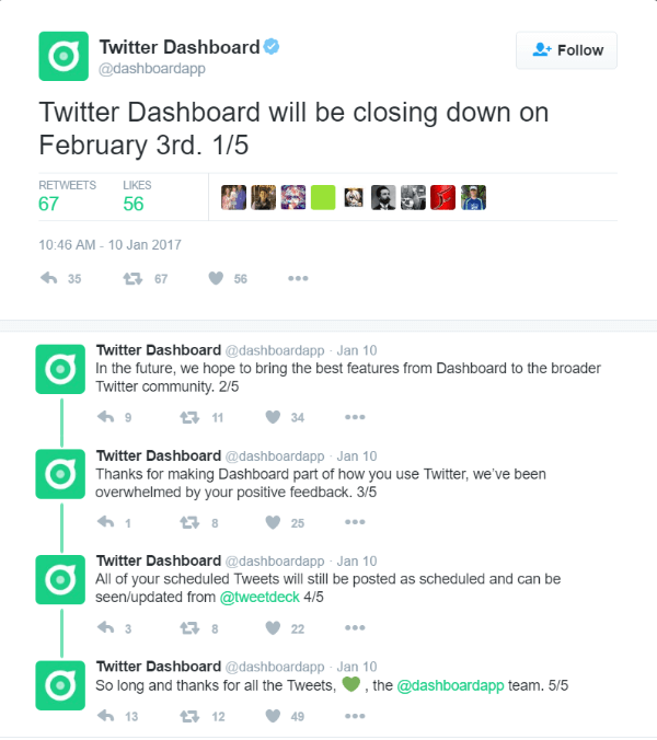 Twitter deaktivuje Twitter Dashboard 3. februára 2017.