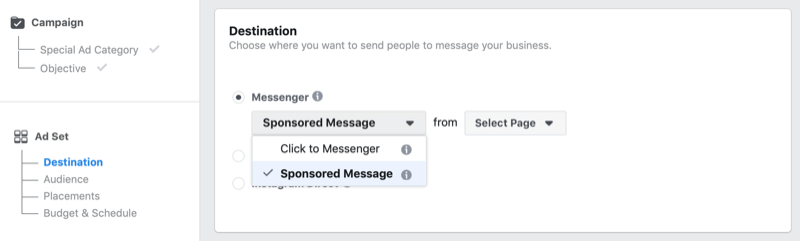 Možnosť Sponzorované správy Facebook v aplikácii Facebook Ads Manager