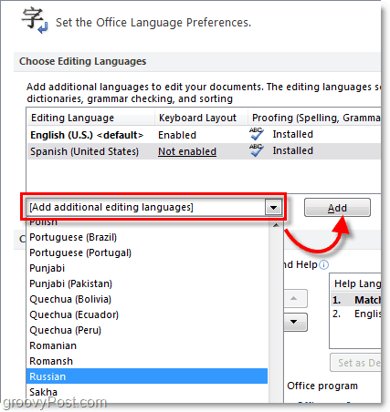 pridať ďalšie jazyky kancelárie 2010