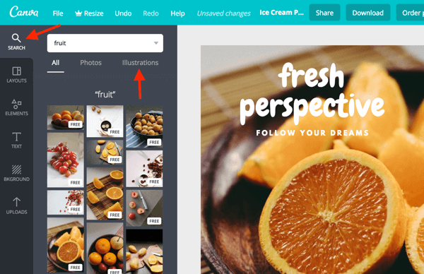 Pomocou vyhľadávacieho panela nájdete fotografie a ilustrácie priamo na paneli Canva.
