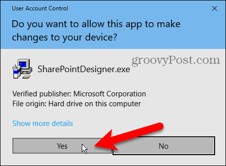Dialógové okno Kontrola používateľských účtov (UAC) na inštaláciu aplikácie Sharepoint Designer 2010