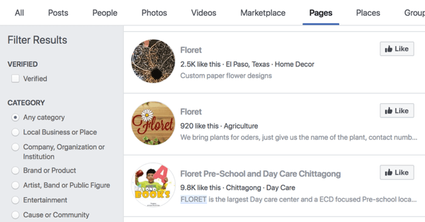 Výsledky vyhľadávania na Facebooku pre Floret.