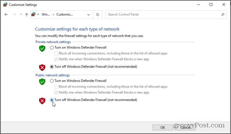 deaktivácia programu Windows Defender