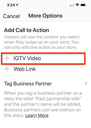 Možnosť vybrať odkaz na video IGTV, ktorý sa má pridať do vášho príbehu na Instagrame.