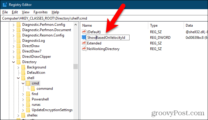 Premenujte hodnotu HideBasedOnVelocityId na ShowBasedOnVelocityId v editore databázy Registry systému Windows.