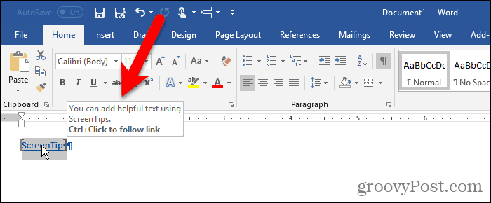 Vlastný popis obrazovky s textom v programe Word