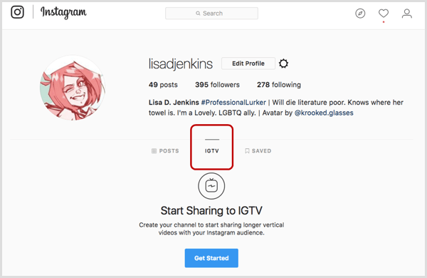 Karta IGTV v profile Instagram.