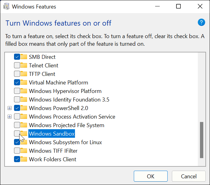 Zrušte začiarknutie políčka Windows Sandbox