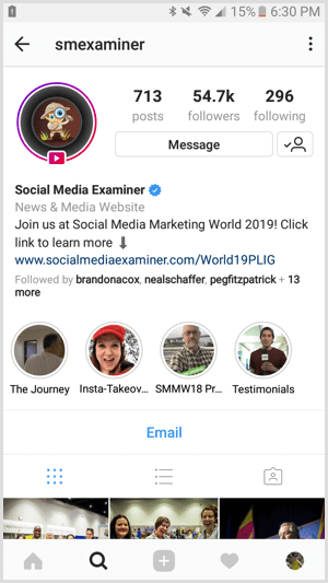 Príklad obchodného profilu Instagramu