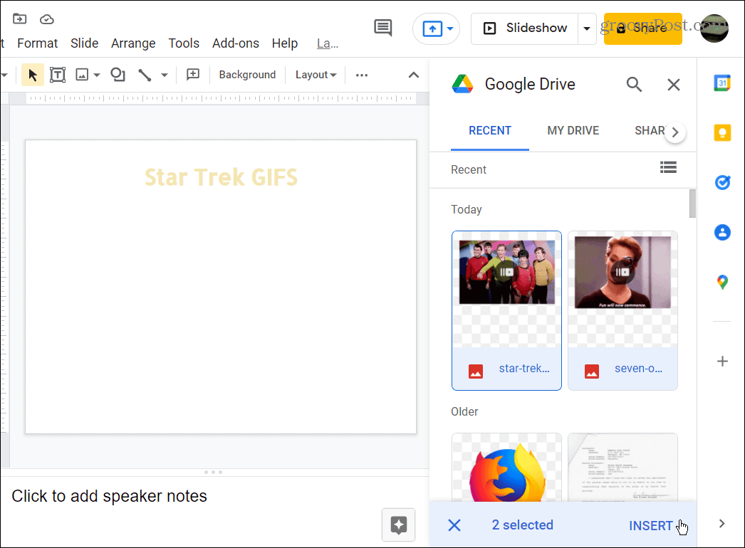 vyberte GIFS na použitie z Disku Google