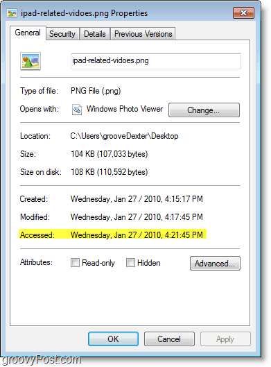 Snímka obrazovky systému Windows 7 - dátum prístupu nebol aktualizovaný veľmi dobre