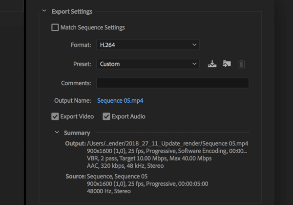 Nastavenie exportu videa z aplikácie Adobe Premier Pro s formátom nastaveným na H.264.