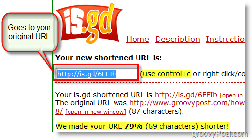 snímka obrazovky URL skenera is.gd - skopírujte novú krátku adresu URL