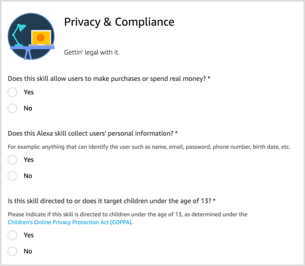 Odpovedzte na otázky týkajúce sa ochrany osobných údajov a dodržiavania súladu s vašimi zručnosťami v oblasti Alexa.