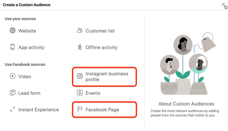 snímka obrazovky okna Vytvorte si vlastné publikum s možnosťami Instagram Business Profile a Facebook Page krúžené červenou farbou