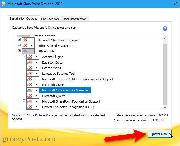 Kliknutím na Inštalovať teraz nainštalujete aplikáciu Microsoft Office Picture Manager z aplikácie Sharepoint Designer 2010