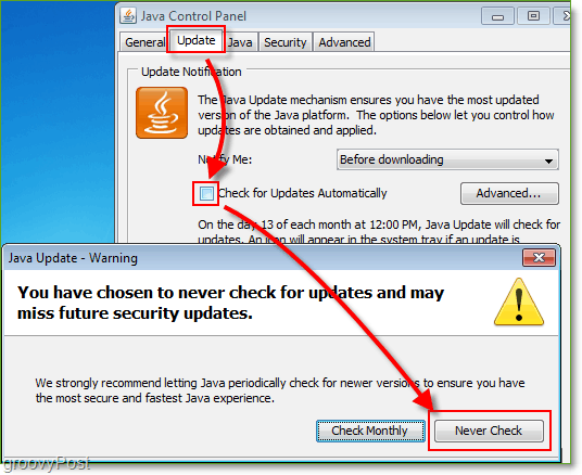 Screenshot: Windows 7 zakáže kontrolu aktualizácie Java
