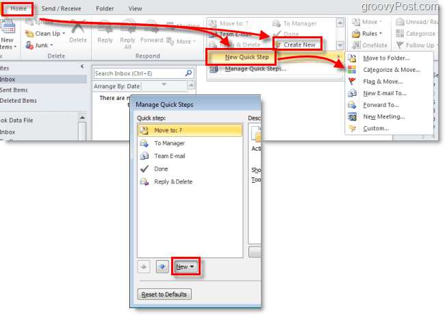 vytvoriť nový rýchly krok v programe Outlook 2010