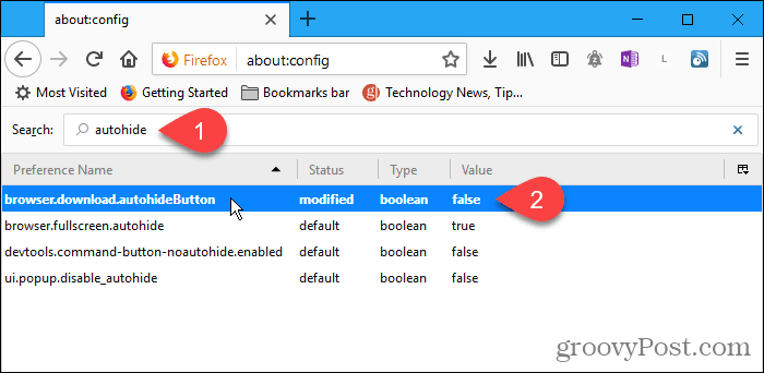 V prehliadači Firefox dvakrát kliknite na nastavenie konfigurácie autohideButton