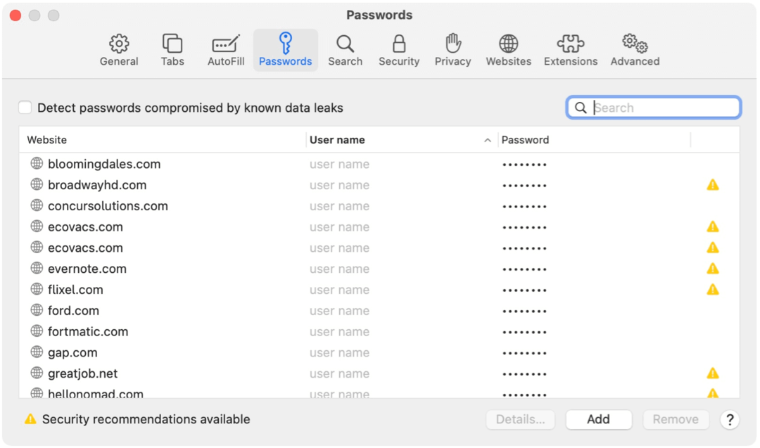 Príklady hesla pre Safari pre Mac