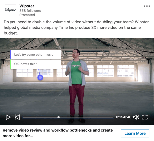Ako vytvoriť objektívne reklamy LinkedIn, sponzorovaná vzorka videoreklamy od spoločnosti Wipster