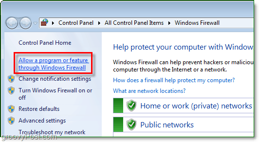 povoliť program alebo funkciu prostredníctvom brány firewall systému Windows 7