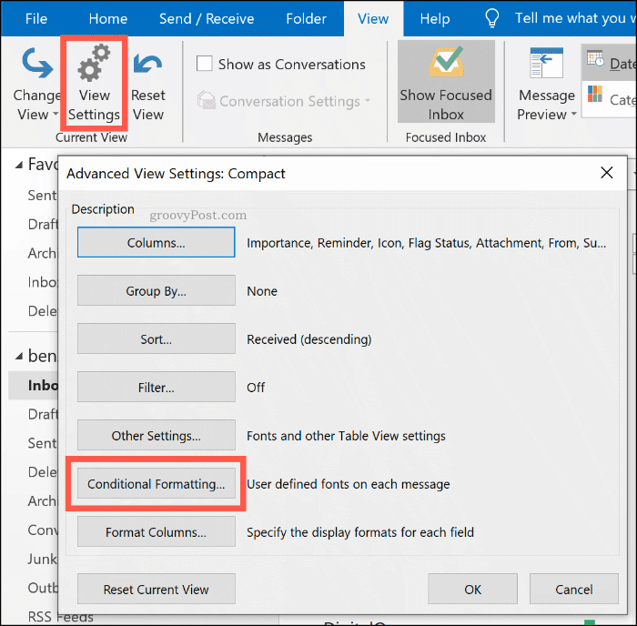 Tlačidlo Možnosti podmieneného formátovania v programe Microsoft Outlook